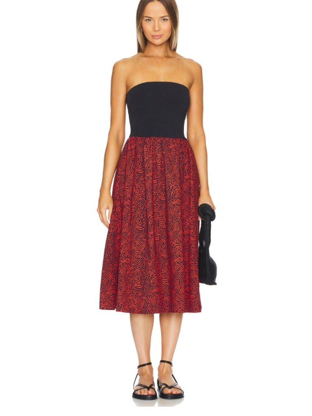 Nation LTD Gabbriette Strapless Midi Dress Black Red Swirl Pattern Skirt Size M